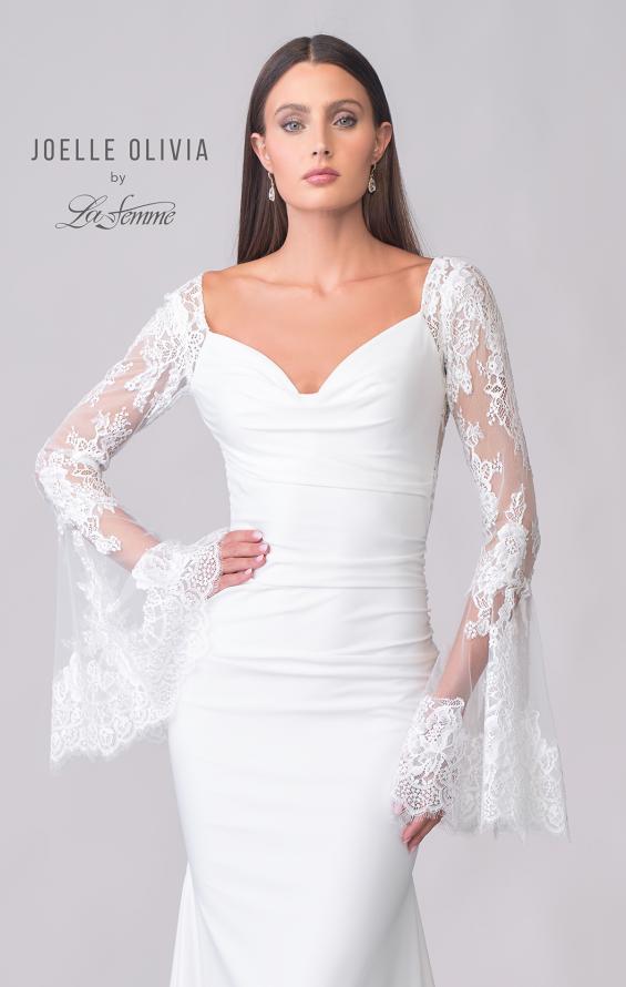Picture of: Stunning Luxe Jersey Gown with Lace Bell Sleeves and Unique Button Up Back in ivory, Style: J2150, Detail Picture 7