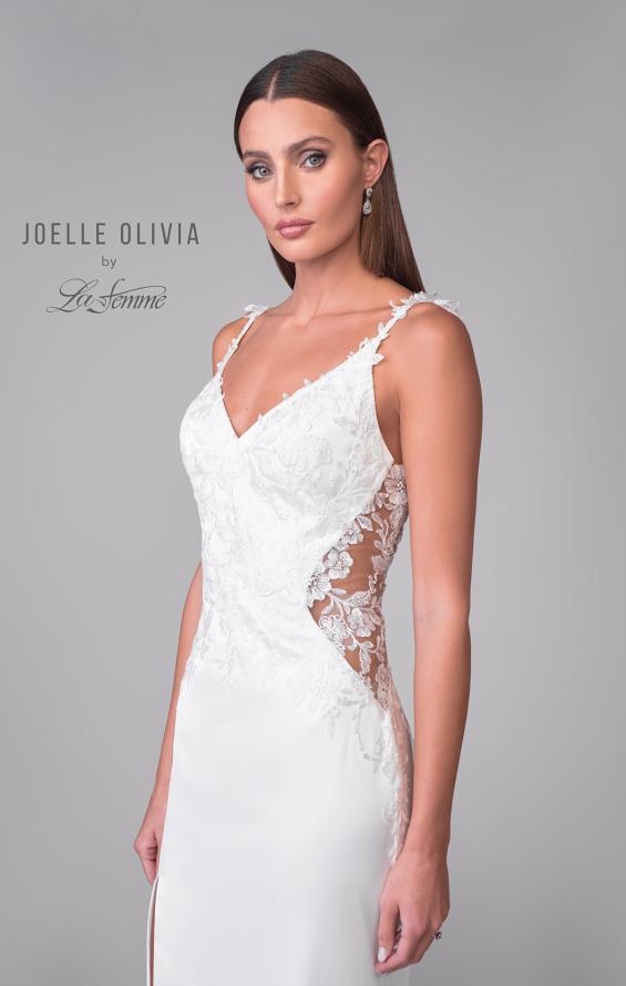 Picture of: Satin Gown with Slit and Lace Applique Bodice and Illusion Back in ivory, Style: J2158, Detail Picture 7