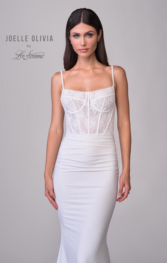 Picture of: Ruched Luxe Jersey Wedding Dress with Illusion Lace Corset Top in ivory, Style: J2172, Detail Picture 7