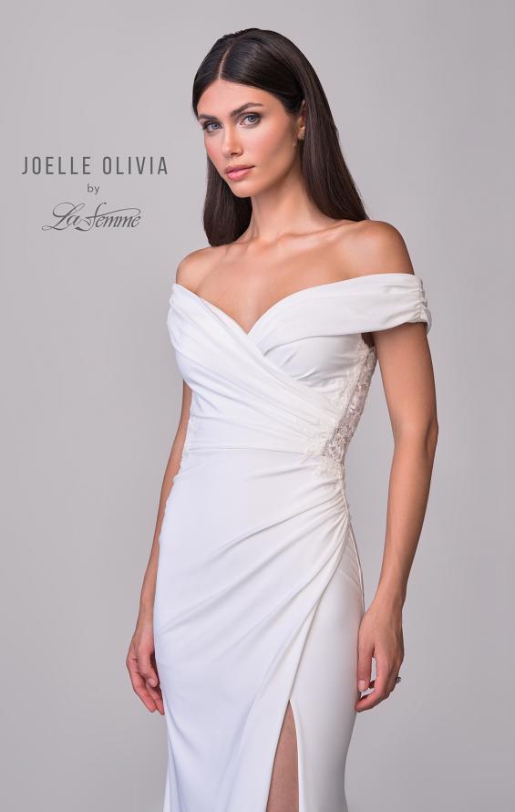 Picture of: Off the Shoulder Luxe Jersey Dress with Ruched Bodice and Illusion Lace Back in ivory, Style: J2181, Detail Picture 7