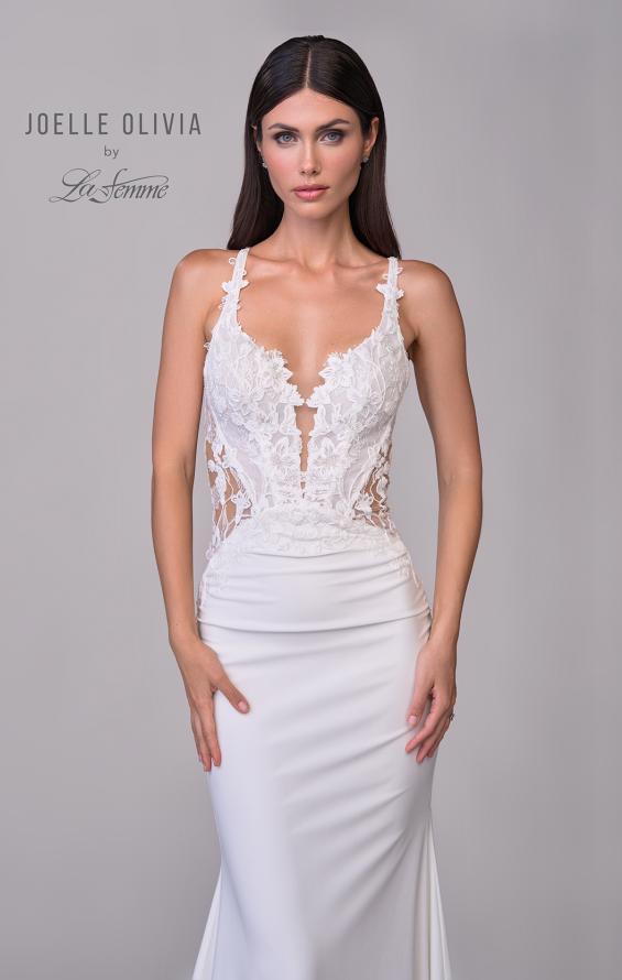 Picture of: Unique Lace and Luxe Jersey Dress with Deep V Neckline and Illusion Lace Sides in ivory, Style: J2202, Detail Picture 7