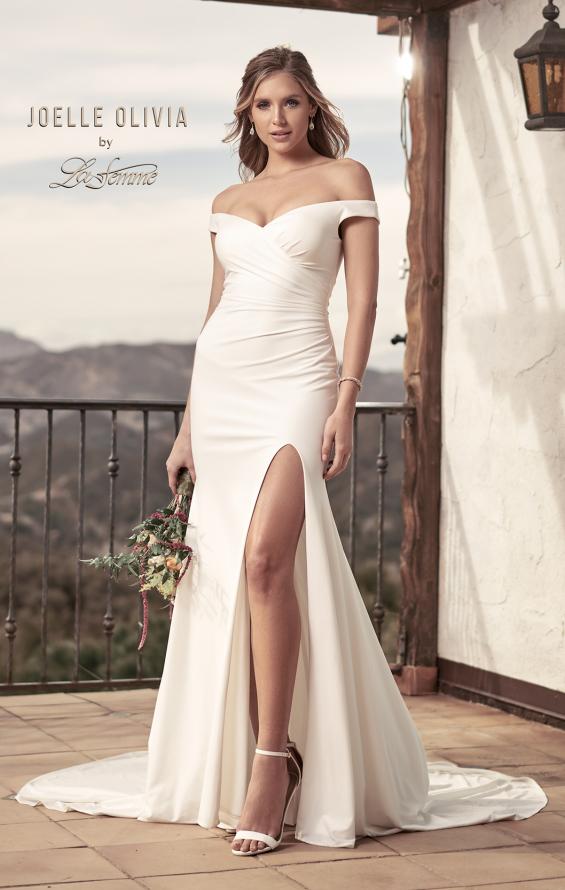 Picture of: Off the Shoulder Wedding Dress with Ruching and Slit in ivory, Style: J2004, Main Picture