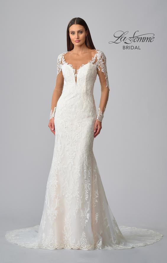 Picture of: Sheer Long Sleeve Trumpet Gown with Deep V in IIB, Style: B1042, Detail Picture 11