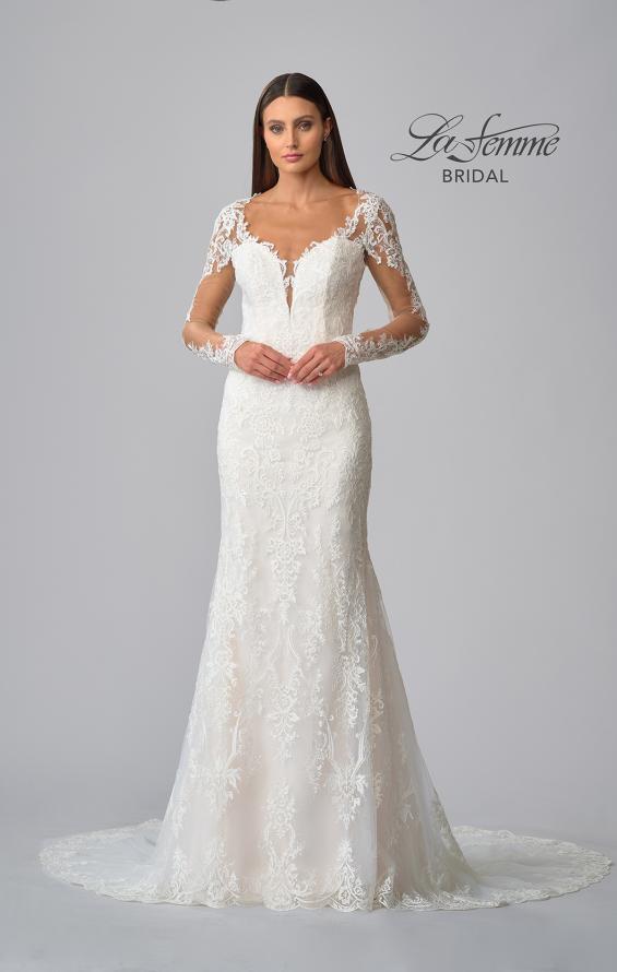 Picture of: Sheer Long Sleeve Trumpet Gown with Deep V in IIB, Style: B1042, Detail Picture 15