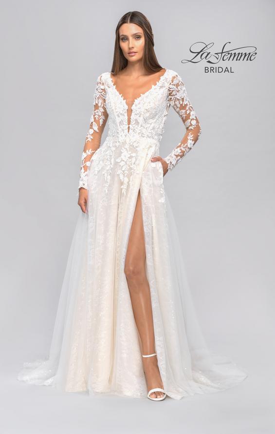 Picture of: Long Sleeve A-Line Dress with Slit and Plunge Neck in IIBI, Style: B1040, Detail Picture 11