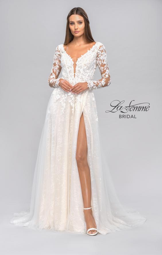 Picture of: Long Sleeve A-Line Dress with Slit and Plunge Neck in IIBI, Style: B1040, Detail Picture 12