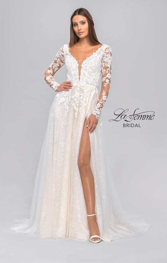 Picture of: Long Sleeve A-Line Dress with Slit and Plunge Neck in IIBI, Style: B1040, Detail Picture 6