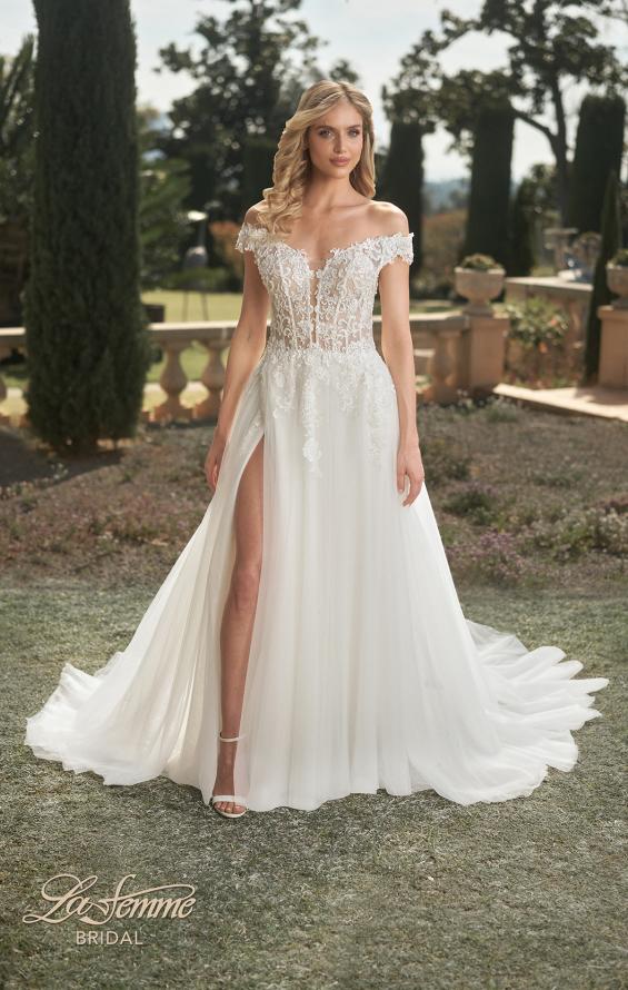 Picture of: Wedding Gown with Ornate Lace Off the Shoulder Bodice in III, Style: B1050, Main Picture