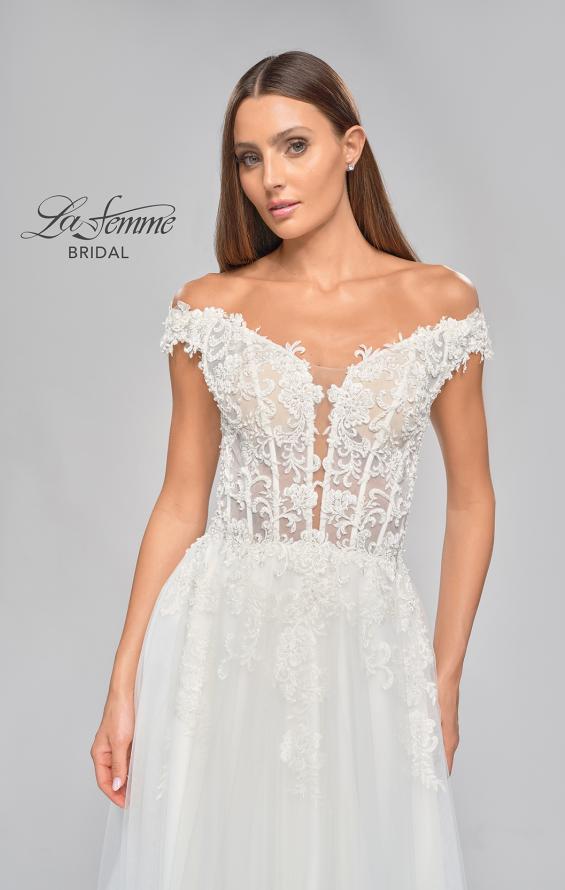 Picture of: Wedding Gown with Ornate Lace Off the Shoulder Bodice in III, Style: B1050, Detail Picture 9