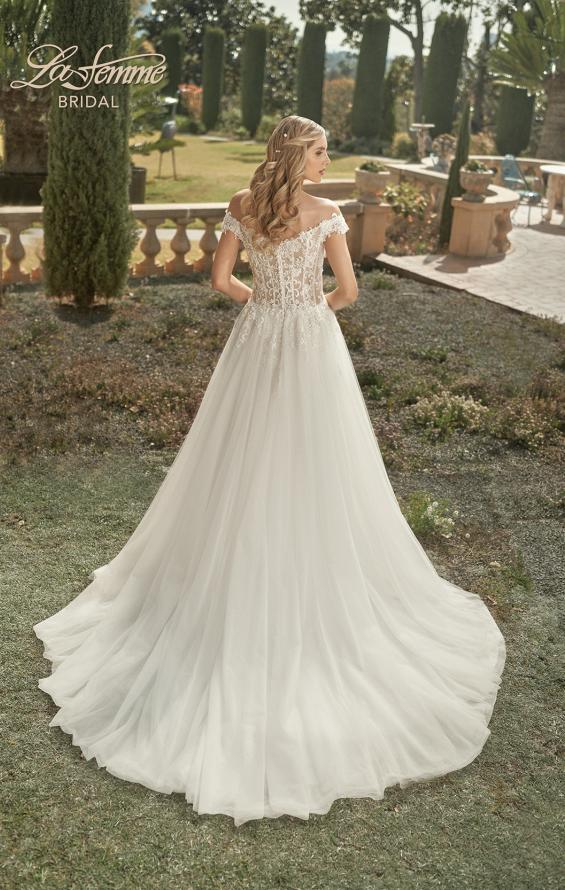 Picture of: Wedding Gown with Ornate Lace Off the Shoulder Bodice in III, Style: B1050, Back Picture