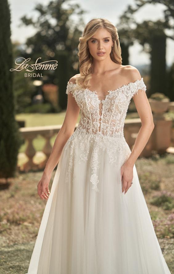 Picture of: Wedding Gown with Ornate Lace Off the Shoulder Bodice in III, Style: B1050, Detail Picture 1