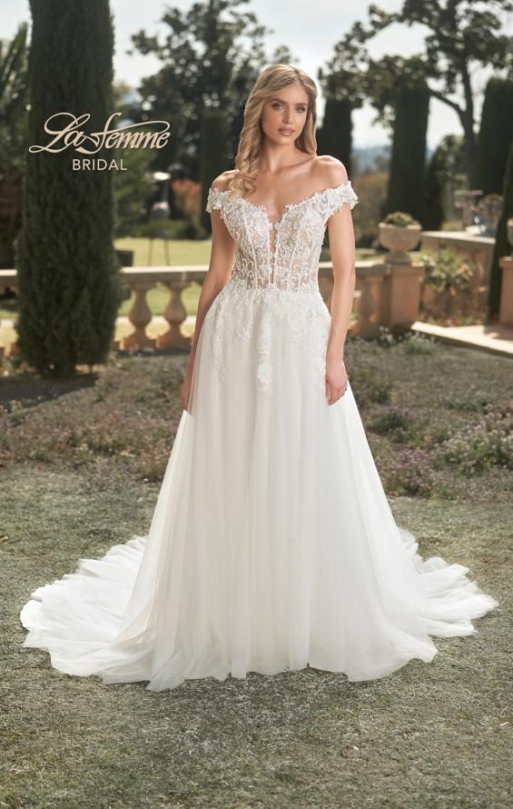 Picture of: Wedding Gown with Ornate Lace Off the Shoulder Bodice in III, Style: B1050, Detail Picture 3
