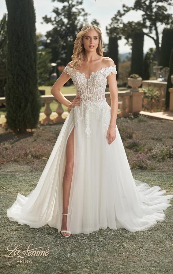 Picture of: Wedding Gown with Ornate Lace Off the Shoulder Bodice in III, Style: B1050, Detail Picture 4