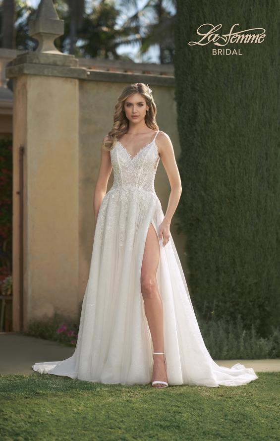 Picture of: A-Line Wedding Dress with Slit and Illusion Bodice in IIII, Style: B1011, Main Picture