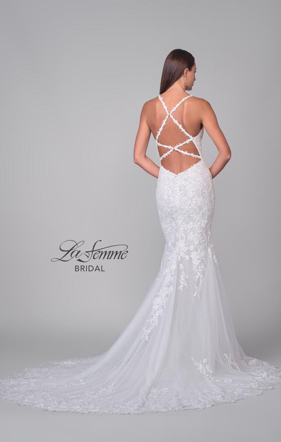 Picture of: Plunge Neck Lace Trumpet Gown with Criss Cross Back in IIII, Style: B1100, Detail Picture 8