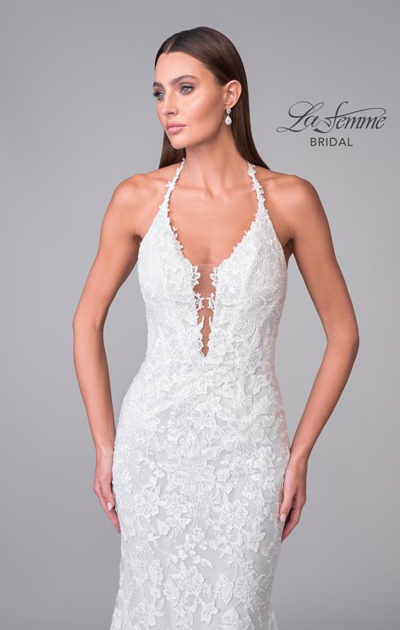 Picture of: Plunge Neck Lace Trumpet Gown with Criss Cross Back in IIII, Style: B1100, Detail Picture 9