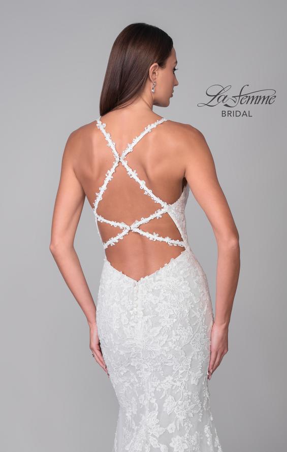 Picture of: Plunge Neck Lace Trumpet Gown with Criss Cross Back in IIII, Style: B1100, Detail Picture 10