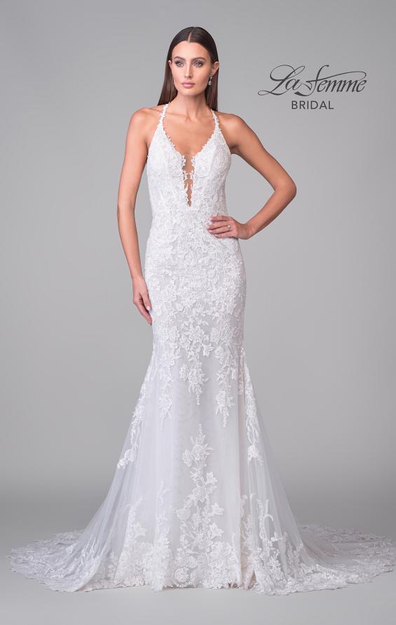 Picture of: Plunge Neck Lace Trumpet Gown with Criss Cross Back in IIII, Style: B1100, Detail Picture 11
