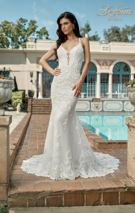Picture of: Plunge Neck Lace Trumpet Gown with Criss Cross Back in IIII, Style: B1100, Back Picture