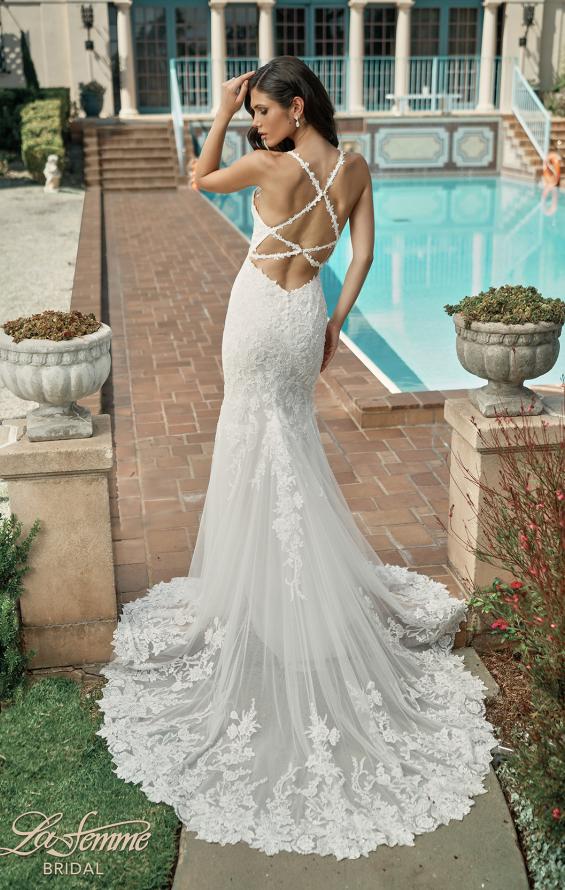 Picture of: Plunge Neck Lace Trumpet Gown with Criss Cross Back in IIII, Style: B1100, Detail Picture 3