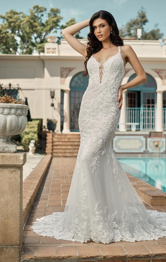 Picture of: Plunge Neck Lace Trumpet Gown with Criss Cross Back in IIII, Style: B1100, Detail Picture 4, Landscape