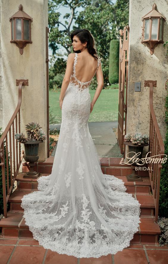 Picture of: Trumpet Gown with Plunge Neck and Detailed Lace Train in IIII, Style: B1199, Detail Picture 4