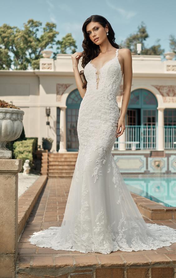 Picture of: Plunge Neck Lace Trumpet Gown with Criss Cross Back in IIII, Style: B1100, Detail Picture 5, Landscape