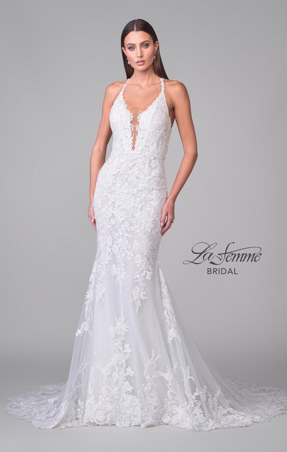 Picture of: Plunge Neck Lace Trumpet Gown with Criss Cross Back in IIII, Style: B1100, Detail Picture 6