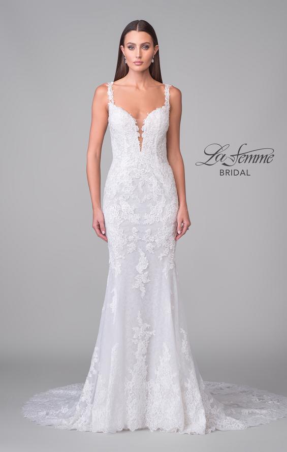 Picture of: Trumpet Gown with Plunge Neck and Detailed Lace Train in IIII, Style: B1199, Detail Picture 6
