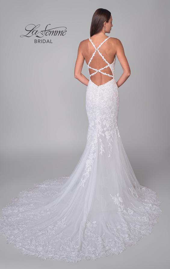 Picture of: Plunge Neck Lace Trumpet Gown with Criss Cross Back in IIII, Style: B1100, Detail Picture 7