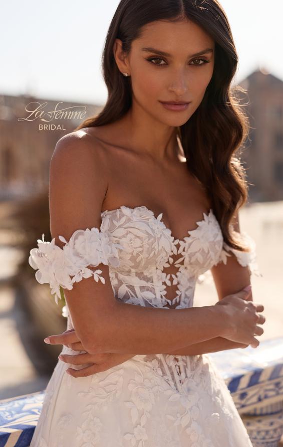 Picture of: Off-the-Shoulder 3D Lace A-Line Wedding Dress with Slit in IIIII, Style: B1486, Detail Picture 1