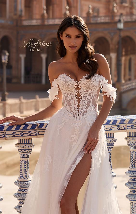 Picture of: Off-the-Shoulder 3D Lace A-Line Wedding Dress with Slit in IIIII, Style: B1486, Detail Picture 6