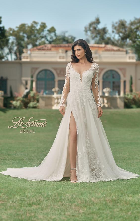 Picture of: Dramatic A-Line Dress with Plunge Neck and Lace Long Sleeves in IIINI, Style: B1235, Main Picture