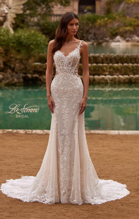 Picture of: Lace Wedding Dress with V Neckline and Sheer Side Detail in IIINI, Style: B1308, Main Picture