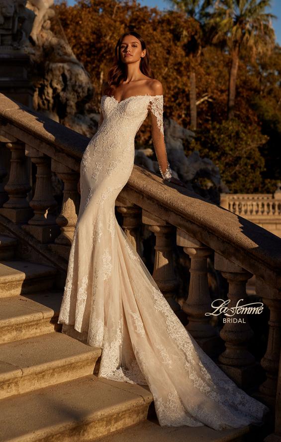 Picture of: Mermaid Lace Wedding Gown with Illusion Long Sleeves and Off the Shoulder Top in IIINI, Style: B1331, Main Picture