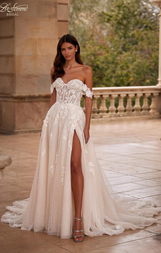 Picture of: A Line Tulle and Lace Wedding Dress with Slit and Off the Shoulder Straps in IIINI, Style: B1341, Main Picture