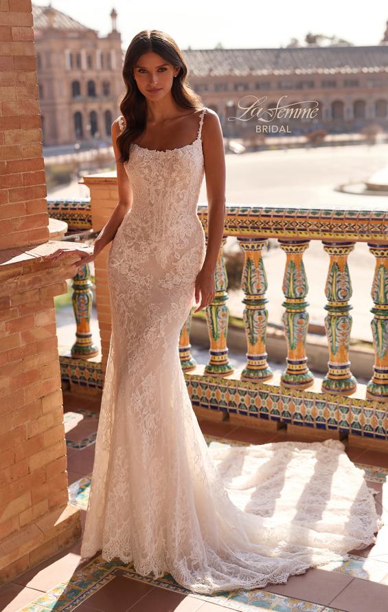 Picture of: Lace Fit-and-Flare Wedding Dress with Spaghetti Straps in IIINI, Style: B1470, Main Picture