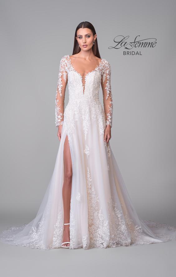 Picture of: Dramatic A-Line Dress with Plunge Neck and Lace Long Sleeves in IIINI, Style: B1235, Detail Picture 8