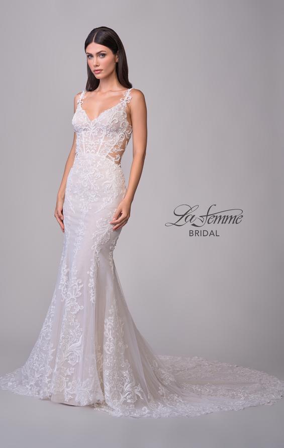 Picture of: Lace Wedding Dress with V Neckline and Sheer Side Detail in IIINI, Style: B1308, Detail Picture 8