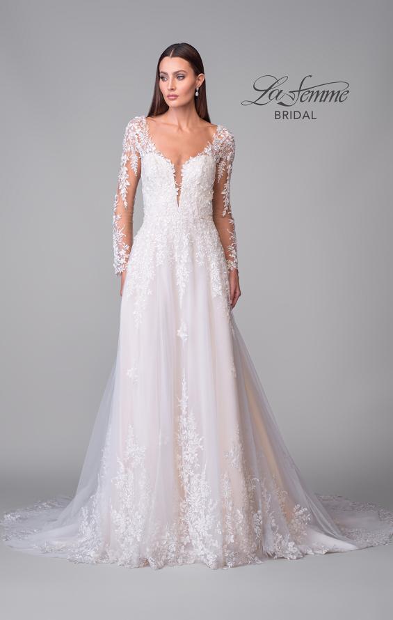 Picture of: Dramatic A-Line Dress with Plunge Neck and Lace Long Sleeves in IIINI, Style: B1235, Detail Picture 13