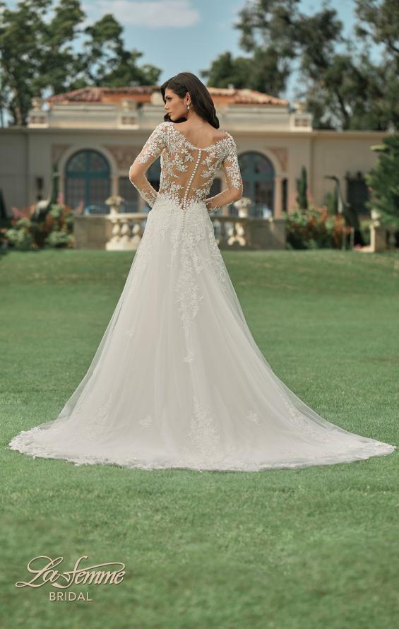 Picture of: Dramatic A-Line Dress with Plunge Neck and Lace Long Sleeves in IIINI, Style: B1235, Back Picture