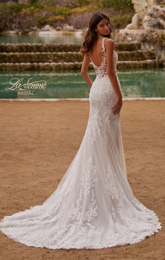 Picture of: Lace Wedding Dress with V Neckline and Sheer Side Detail in IIINI, Style: B1308, Back Picture