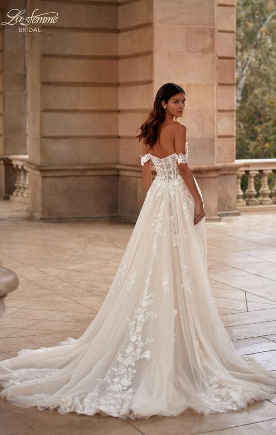 Picture of: A Line Tulle and Lace Wedding Dress with Slit and Off the Shoulder Straps in IIINI, Style: B1341, Back Picture