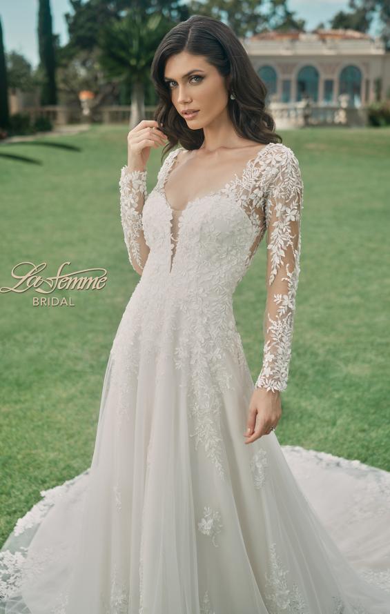 Picture of: Dramatic A-Line Dress with Plunge Neck and Lace Long Sleeves in IIINI, Style: B1235, Detail Picture 1