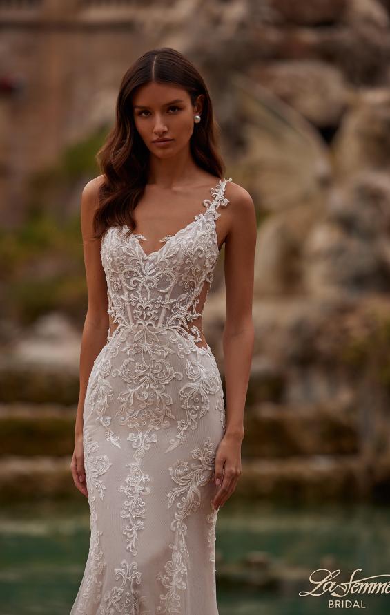 Picture of: Lace Wedding Dress with V Neckline and Sheer Side Detail in IIINI, Style: B1308, Detail Picture 1