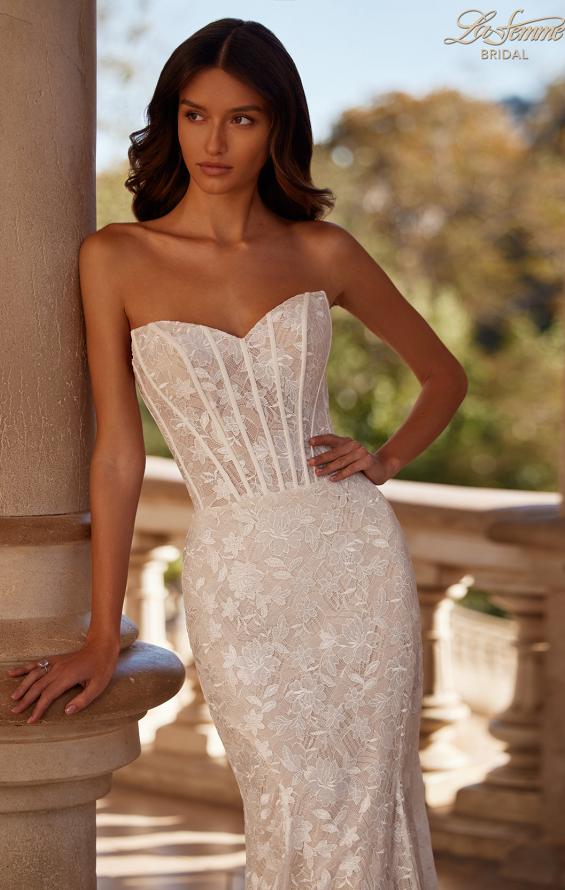Picture of: Lace Fitted Wedding Dress with Strapless Bodice and Corset Details in IIINI, Style: B1357, Detail Picture 1