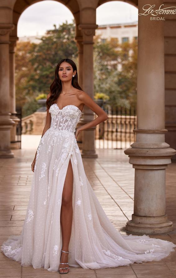 Picture of: A Line Tulle and Lace Wedding Dress with Slit and Off the Shoulder Straps in IIINI, Style: B1341, Detail Picture 3