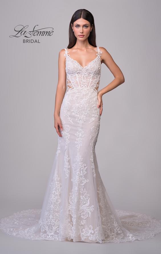 Picture of: Lace Wedding Dress with V Neckline and Sheer Side Detail in IIINI, Style: B1308, Detail Picture 4