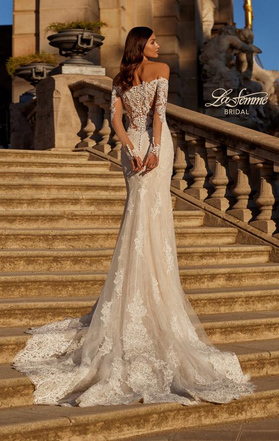 Picture of: Mermaid Lace Wedding Gown with Illusion Long Sleeves and Off the Shoulder Top in IIINI, Style: B1331, Detail Picture 5