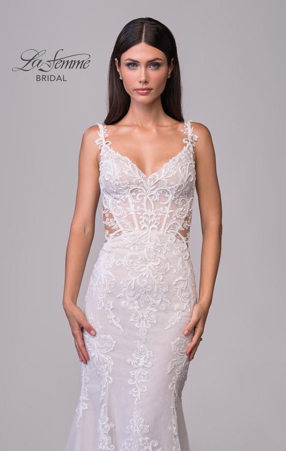 Picture of: Lace Wedding Dress with V Neckline and Sheer Side Detail in IIINI, Style: B1308, Detail Picture 7